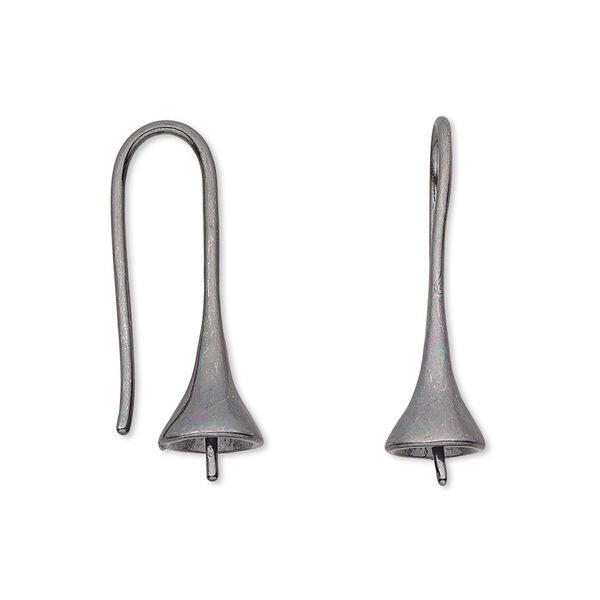 Ear wire, gunmetal-plated brass, 25mm fishhook bell with 3.5mm peg, fits 8-10mm half-drilled bead, 18 gauge. Sold per pkg of 10 pairs. image number 0
