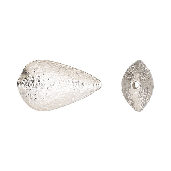 Bead, Hill Tribes, fine silver, 21x13mm teardrop with flower design. Sold individually. image number 0
