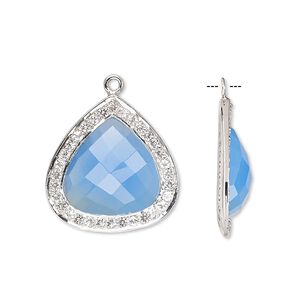 Drop, blue chalcedony (dyed) / white topaz (natural) / sterling silver, 20x20mm single-sided faceted teardrop. Sold individually.
