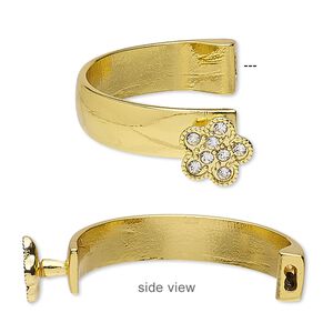 Bracelet component 1pkg1, glass rhinestone and gold-finished "pewter" (zinc-based alloy), clear, 10.5mm wide with 14.5x14mm flower, 42x26mm inside diameter with 5.5x2mm glue-in end.