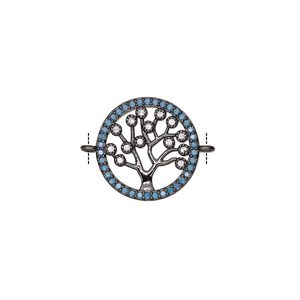 Link, cubic zirconia and black-finished brass, clear and blue, 15mm single-sided round with tree of life design. Sold individually.