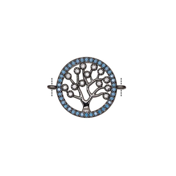 Link, cubic zirconia and black-finished brass, clear and blue, 15mm single-sided round with tree of life design. Sold individually. image number 0