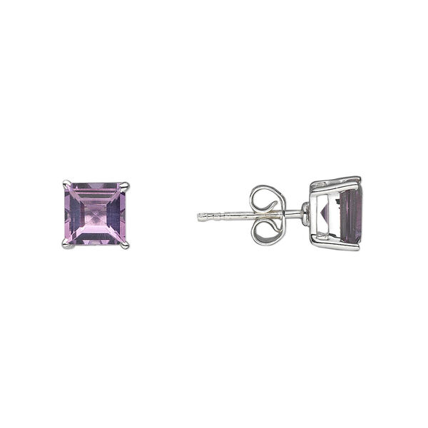 Earstud, amethyst (natural) and sterling silver, 7mm with 6mm faceted square and post. Sold per pair. image number 0
