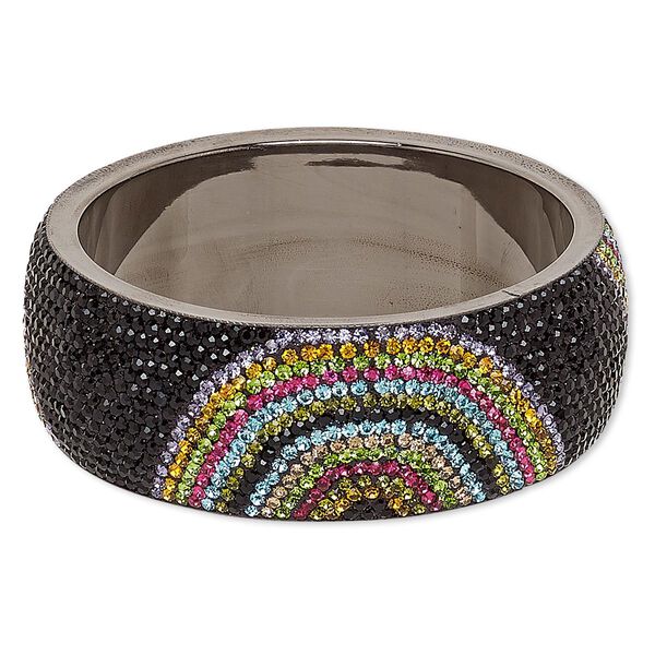Bracelet, bangle, epoxy / Preciosa glass rhinestone / gunmetal-plated brass, multicolored, 30mm wide with half circle design, 2-3/4 inch inside diameter. Sold individually. image number 0