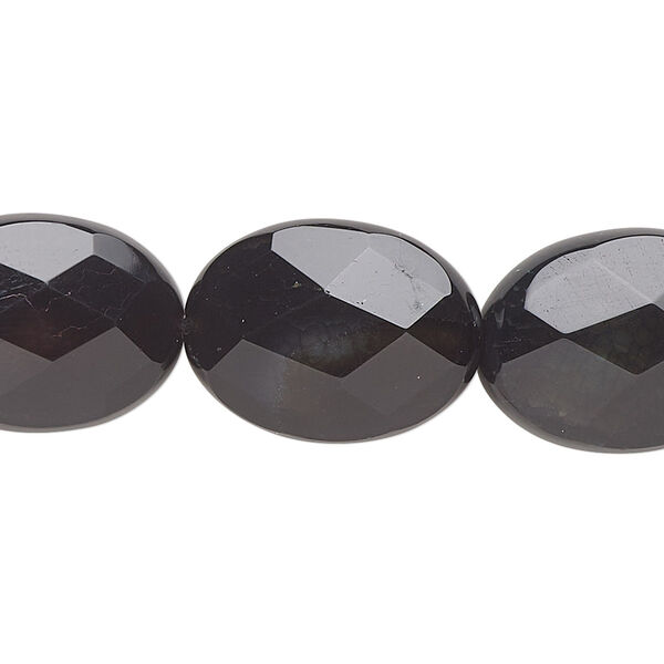 Bead, black onyx (dyed), 18-13mm-22x17mm hand-cut faceted puffed oval, B- grade, Mohs hardness 6-1/2 to 7. Sold per 7-1/2 inch strand. image number 0