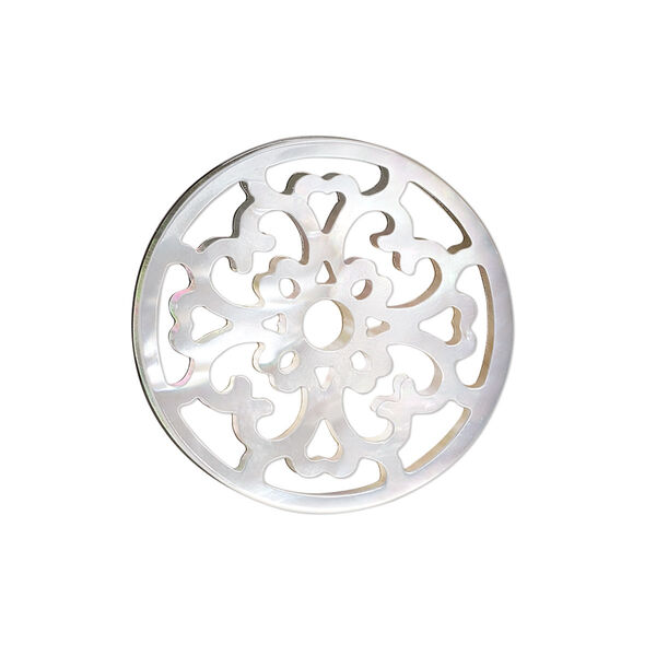 Component, black lip shell (natural), 25mm hand-cut two-sided round with cutout design, Mohs hardness 3-1/2. Sold individually. image number 0