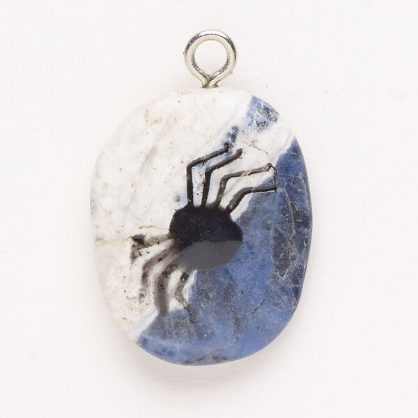 Focal, steel/sodalite (natural)/enamel, pkg/1, silver finish and black, 30x24mm-39x27mm single-sided puffed freeform with spider, B- grade. image number 0