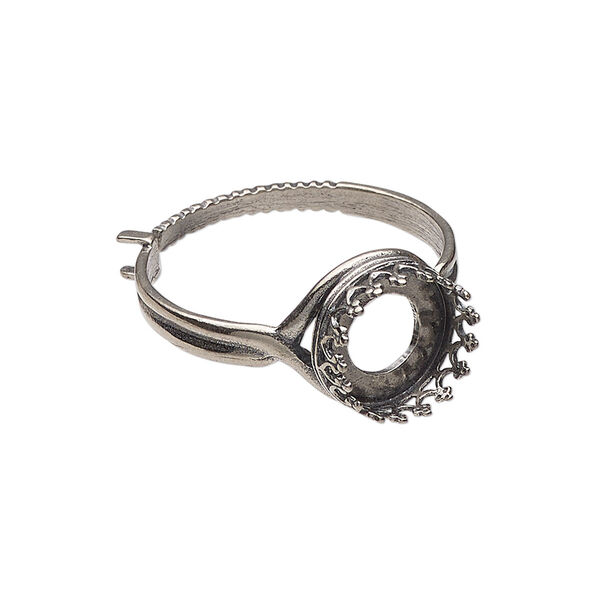 Ring, JBB Findings, antiqued sterling silver, 12mm wide with decorative trim and 10mm round bezel setting, adjustable from size 8-11. Sold individually. image number 0