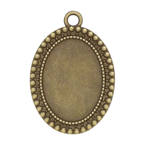 Focal, glue-in, antique brass-finished "pewter" (zinc-based alloy), 32.5x26mm single-sided oval with beaded edge, 25x18mm oval setting. Sold per pkg of 2. image number 0