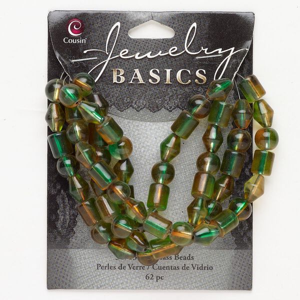 Bead 1pkg62 acrylic and gold-finished brass, brown and green, 10x7mm double cone / 7-8mm round / 8mm cylinder. image number 0