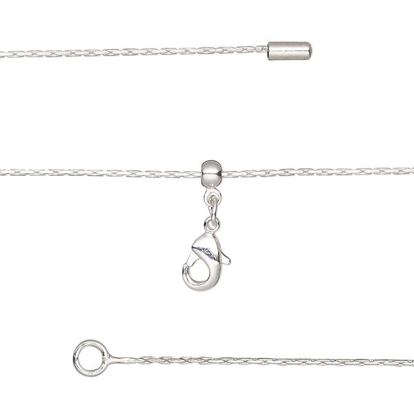 Chain, silicone and silver-plated brass, 0.7mm beading, adjustable from 16 to 23-1/2 inches with lobster claw clasp and adjustable slider bead. Sold individually. image number 0