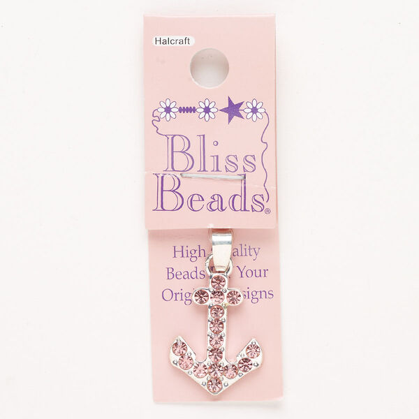 Pendant, "pewter" (zinc-based alloy)/steel/glass, pkg/1, silver finish and pink, 24x18mm anchor. image number 0