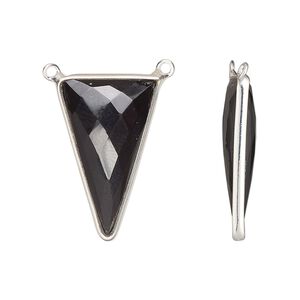 Connector, sterling silver and black onyx (dyed), 25x15mm hand-cut double-sided faceted triangle with 2 closed loops, Mohs hardness 6-1/2 to 7. Sold individually.