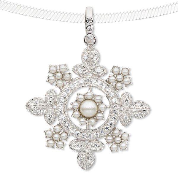 Pendant, cubic zirconia / acrylic pearl / rhodium-plated sterling silver, clear and white, 34x34mm single-sided snowflake with 1.25-1.5mm faceted round and 1-6mm round. Sold individually. image number 0