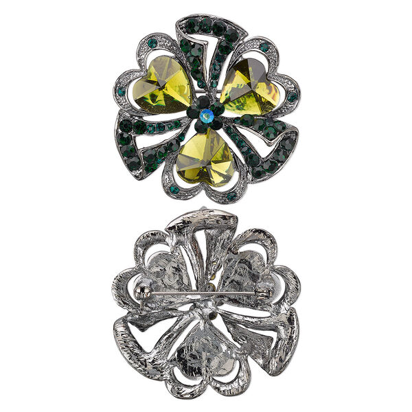 Brooch, glass rhinestone and gunmetal-plated "pewter" (zinc-based alloy), green AB / green / peridot, 45x45mm bow. Sold individually. image number 0