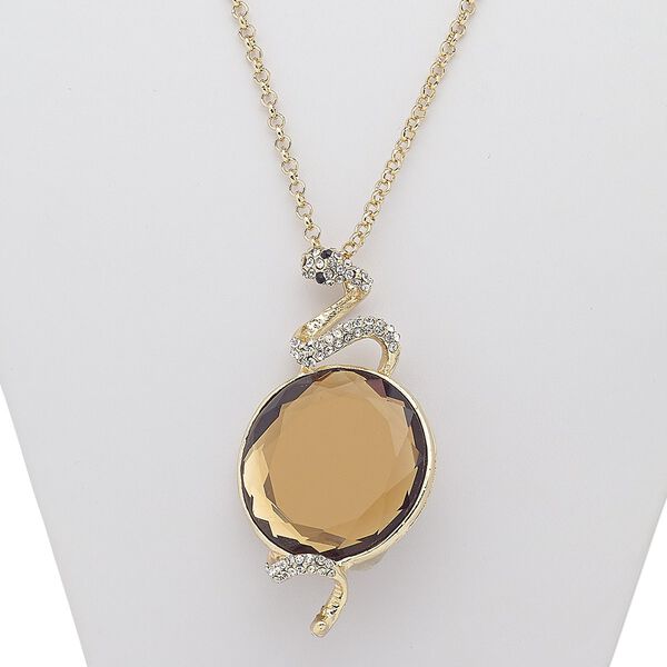 Necklace, glass rhinestone / glass / gold-finished steel / "pewter" (zinc-based alloy), clear / black / copper, 2-3/4 x 1-1/2 inch snake, 30 inches with 3-inch extender chain and lobster claw clasp. Sold individually. image number 0