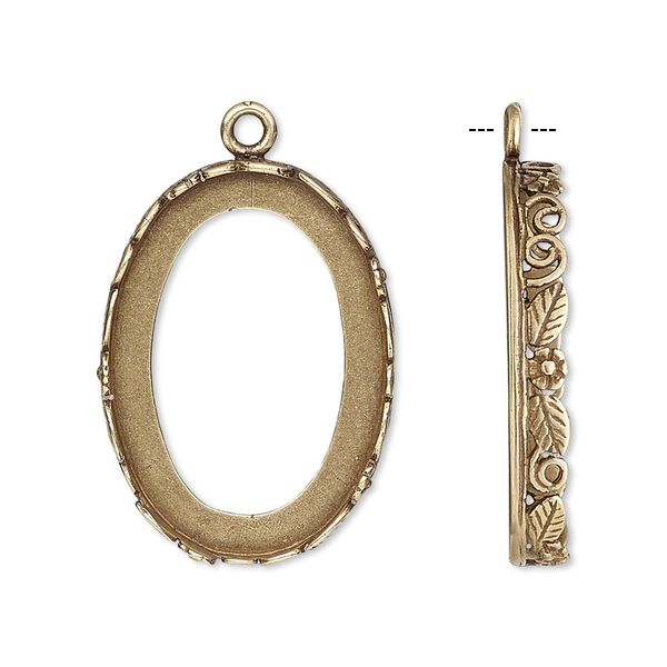 Drop, JBB Findings, antiqued brass, 27x20mm oval with open back and flower and leaf design trim, 25x18mm oval bezel setting. Sold individually. image number 0