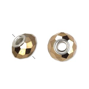 Bead, Dione®, glass and silver-plated brass grommets, 32-facet, opaque metallic dark gold, 14x9mm faceted rondelle. Sold per pkg of 6.