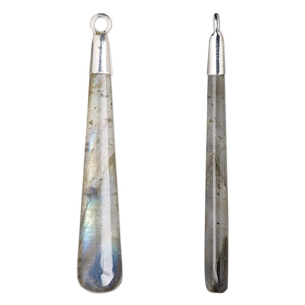 Focal, sterling silver and labradorite (natural), 41x7mm hand-cut double-sided long teardrop, Mohs hardness 6 to 6-1/2. Sold individually. image number 0
