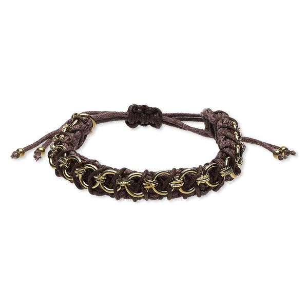Bracelet, waxed cotton cord and gold-finished steel, brown, 10mm wide, adjustable from 6-9 inches with macramé knot closure. Sold individually. image number 0