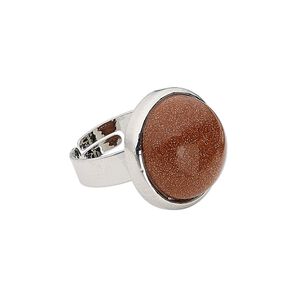Ring, brown goldstone (manmade) with silver-plated steel and "pewter" (zinc-based alloy), 19-20mm round, adjustable from size 5-9. Sold individually.