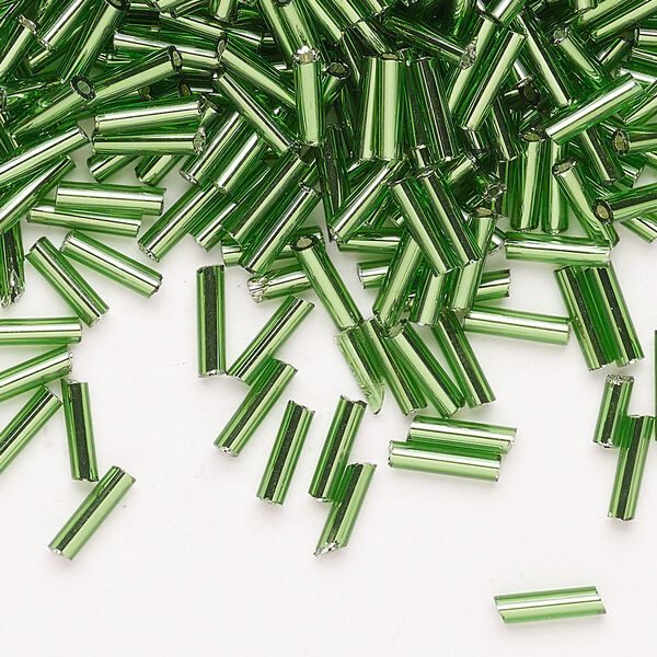Bead, Ming Tree™, bugle bead, glass, pkg/1/4 pound, 1/4 inch, silver-lined translucent emerald green. image number 0