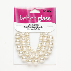 Bead assortment 1pkg36, glass pearl, off-white and cream, 5-6mm round / 8mm round / 10mm round.