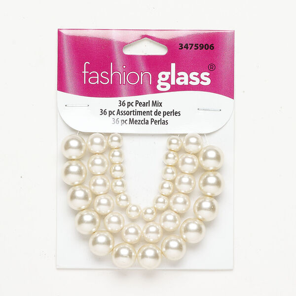 Bead assortment 1pkg36, glass pearl, off-white and cream, 5-6mm round / 8mm round / 10mm round. image number 0