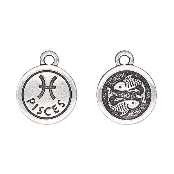Charm, TierraCast®, antique silver-plated pewter (tin-based alloy), 15mm two-sided flat round with Pisces zodiac sign and symbol. Sold per pkg of 20. image number 0