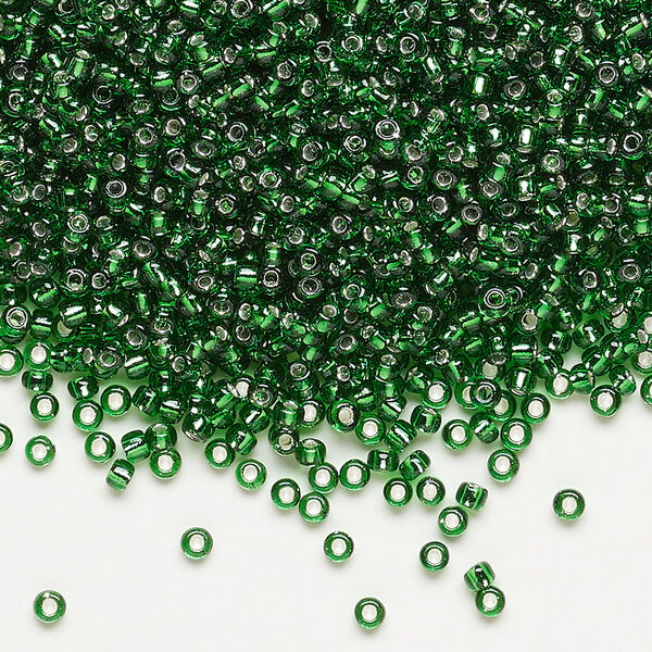 Seed bead, Dyna-Mites™, glass, pkg/40g, #11 round, transparent silver-lined emerald green, (52:RR 11/0 RR). image number 0
