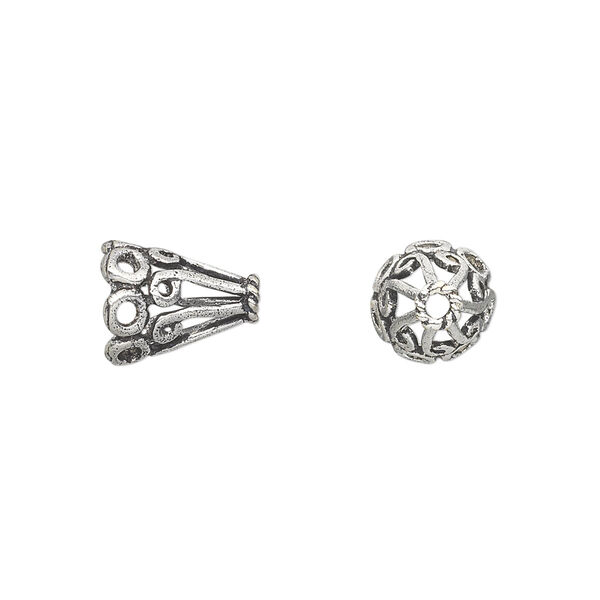 Cone, antique silver-plated white brass, 11.5x9mm fancy with open circles and swirls, 6.5mm inside diameter. Sold per pkg of 6. image number 0