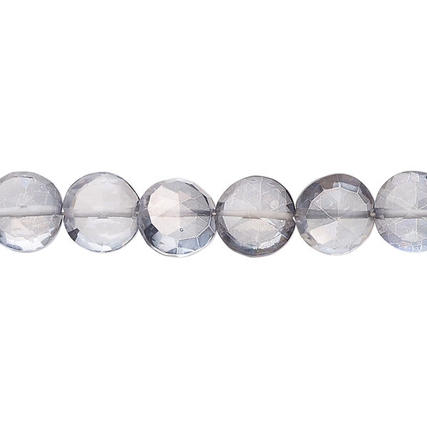 Bead, quartz crystal (coated), blue steel, 8-10mm hand-cut faceted puffed flat round, B grade, Mohs hardness 7. Sold per 7-inch strand, approximately 25 beads. image number 0