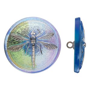Button, Czech glass and brass, iridescent sapphire blue and silver, 31mm round with dragonfly design. Sold individually.