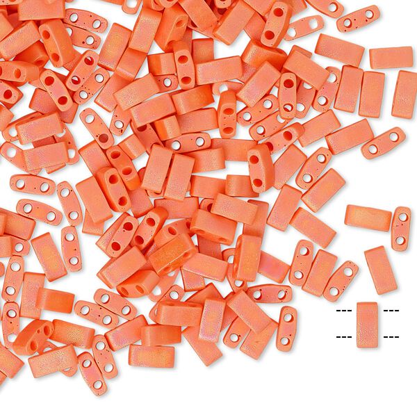 Seed bead, TILA®, glass, pkg/10g, 5x2.3mm half tila rectangle, opaque matte rainbow orange, (HTL-406FR). image number 0