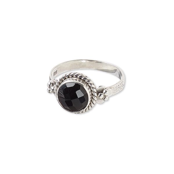 Ring, black onyx (dyed) and sterling silver, 11mm round with 8mm faceted round, size 7-1/2. Sold individually. image number 0