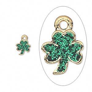 Charm, enamel and gold-finished "pewter" (zinc-based alloy), green with glitter, 8x7mm single-sided 3-leaf clover. Sold per pkg of 6.