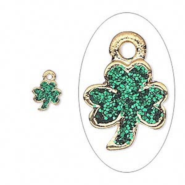 Charm, enamel and gold-finished "pewter" (zinc-based alloy), green with glitter, 8x7mm single-sided 3-leaf clover. Sold per pkg of 6. image number 0