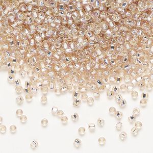 Seed bead, Dyna-Mites™, glass, pkg/1/2kg, #11 round, translucent silver-lined rainbow light pink, (69R:SR 11/0 SR).