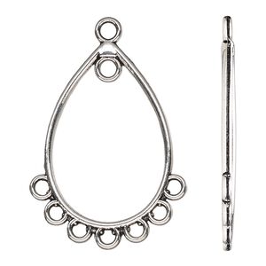 Drop, antique silver-finished "pewter" (zinc-based alloy), 31x21.5mm double-sided open teardrop with 8 closed loops. Sold per pkg of 10.