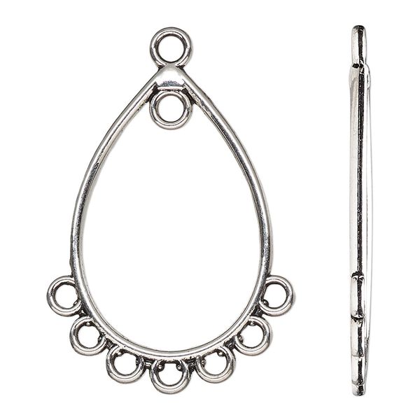 Drop, antique silver-finished "pewter" (zinc-based alloy), 31x21.5mm double-sided open teardrop with 8 closed loops. Sold per pkg of 10. image number 0