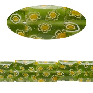 Bead, millefiori glass, translucent green / orange / white, 9mm-11x10mm puffed square with flower design. Sold per 14-inch strand.