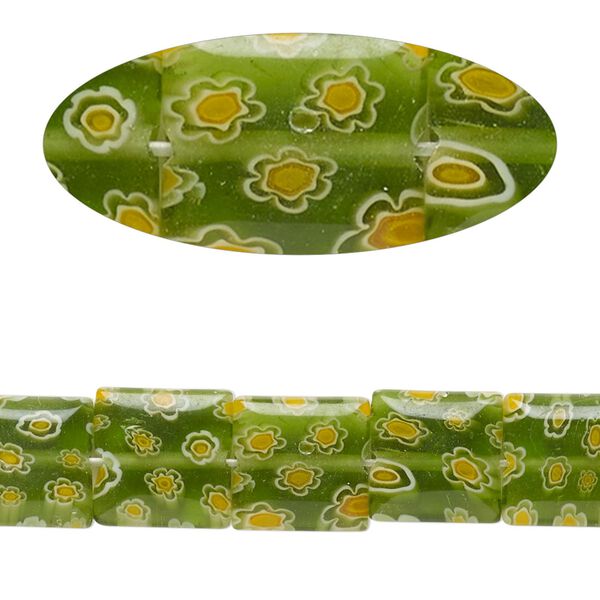 Bead, millefiori glass, translucent green / orange / white, 9mm-11x10mm puffed square with flower design. Sold per 14-inch strand. image number 0