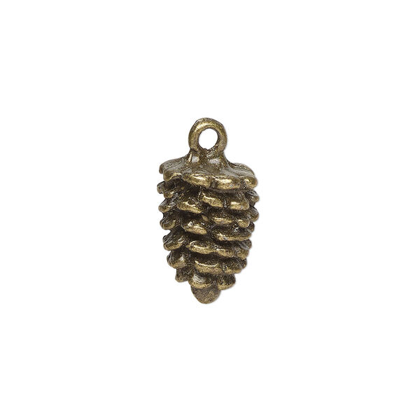 Charm, antique brass-finished "pewter" (zinc-based alloy), 16x10mm 3D pinecone. Sold per pkg of 4. image number 0