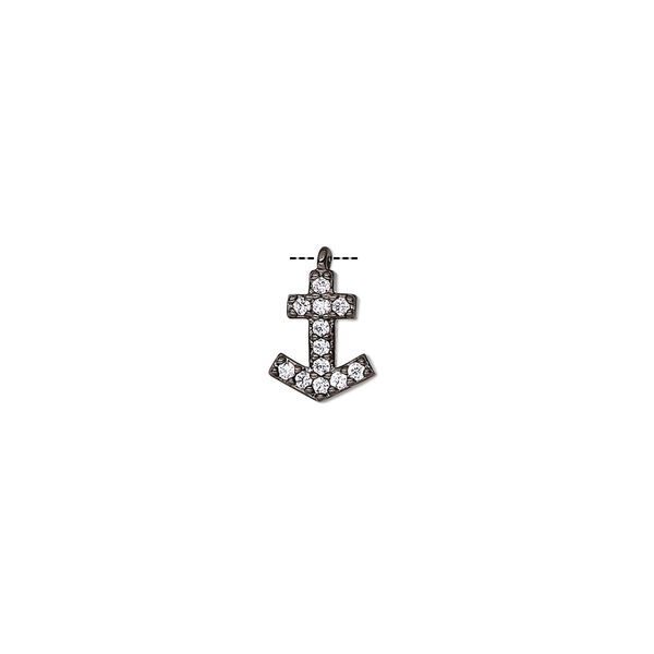 Charm, cubic zirconia and black-finished brass, clear, 9x7mm single-sided anchor. Sold individually. image number 0