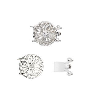 Clasp tab 1pkg1 sterling silver, 12mm filigree round, 2-strand