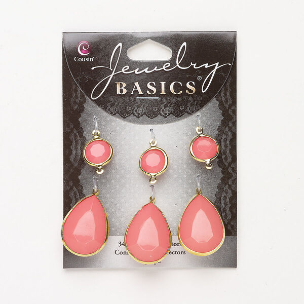 "Pewter" (zinc-based alloy) / acrylic 1pkg6, teardrop / faceted round drop / link assortment gold-finished / pink 26mm / 12mm image number 0