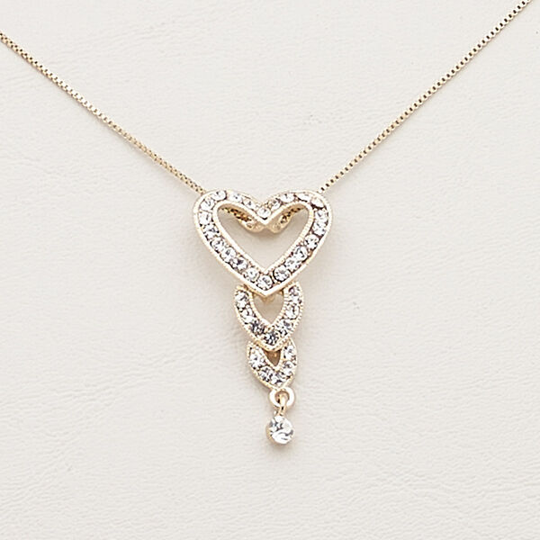Necklace, Czech glass rhinestone / gold-finished steel / brass / "pewter" (zinc-based alloy), clear, 38x20mm triple heart, 17 inches with 2-inch extender chain and lobster claw clasp. Sold individually. image number 0