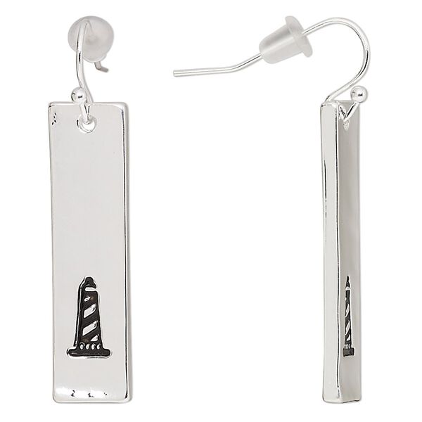 Earring, antique silver-finished "pewter" (zinc-based alloy), 40mm fishhook with 33.5x9mm rectangle with lighthouse design, 21 gauge. Sold per pair. image number 0
