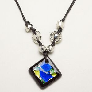 Necklace, glass and plastic, multicolored, 55x42mm diamond pendant with mixed bead accents, 22-inch waxed cotton cord with 2-inch steel extender chain and lobster claw clasp. Sold individually.
