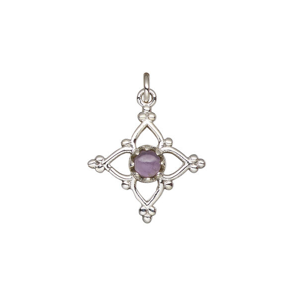 Amethyst / sterling silver 1pkg1, open beaded diamond drop natural antiqued 17x17mm image number 1